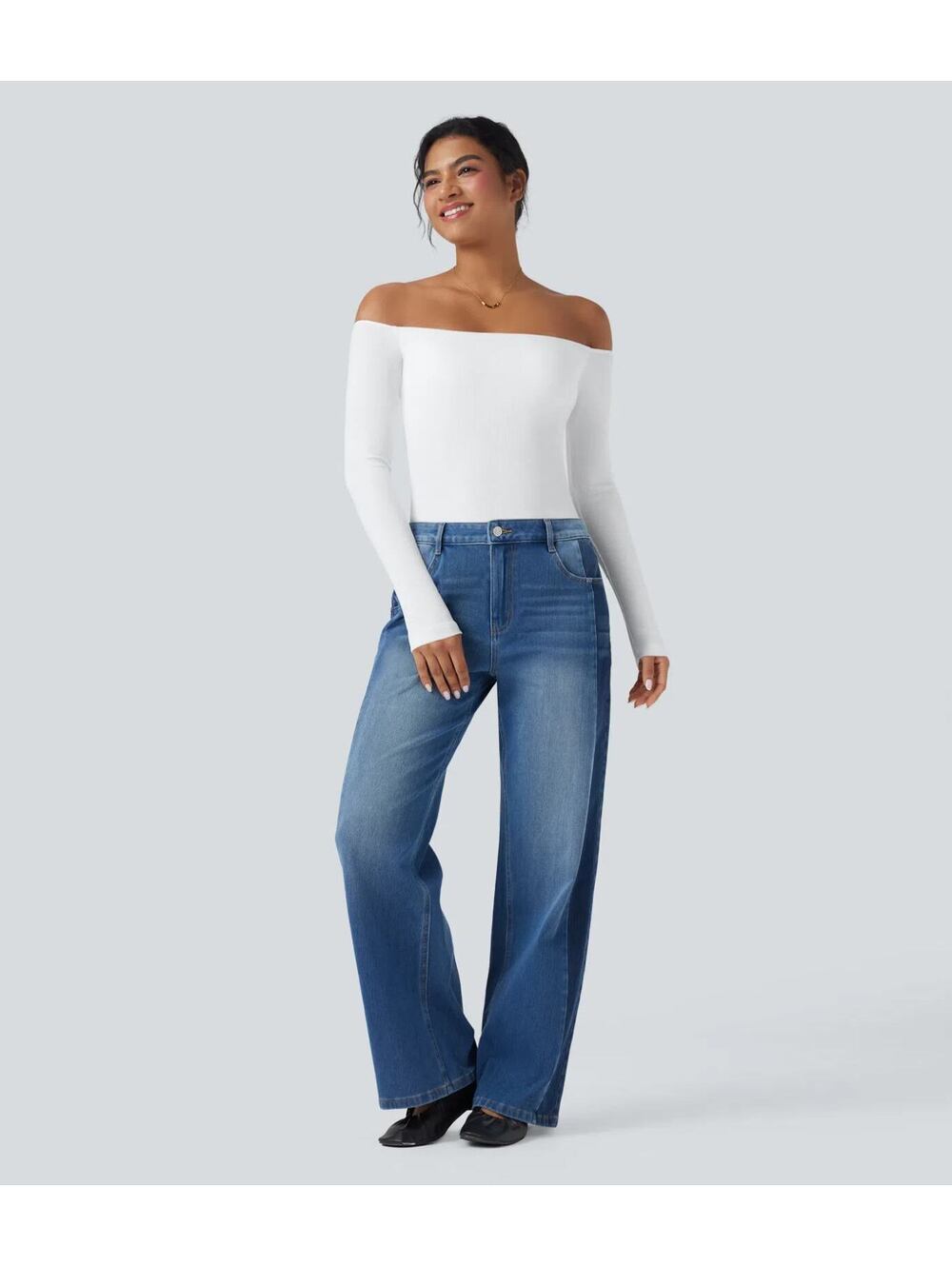 Halara Ribbed Knit Off Shoulder Long Sleeve 2-in-1 Casual Top White Size Medium - Picture 9 of 9